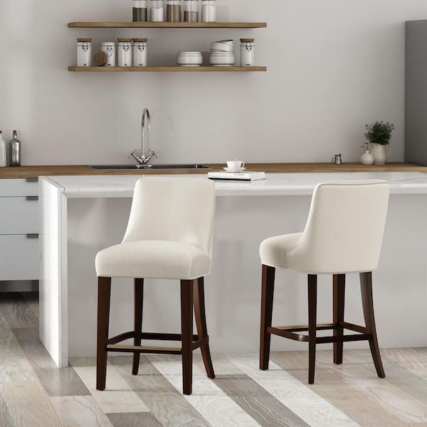 Beever Modern 27.4 in. Cream Wood Frame Counter Stool with Chenille Upholstered Seat (Set of 2)