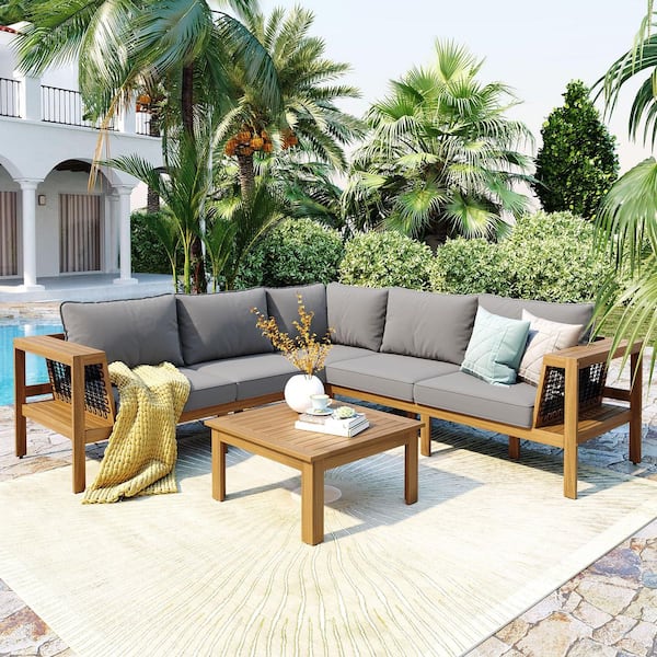 4-Piece Natural Wood Patio Conversation Set with Gray Cushions, Coffee Table, Woven Mesh Armrests
