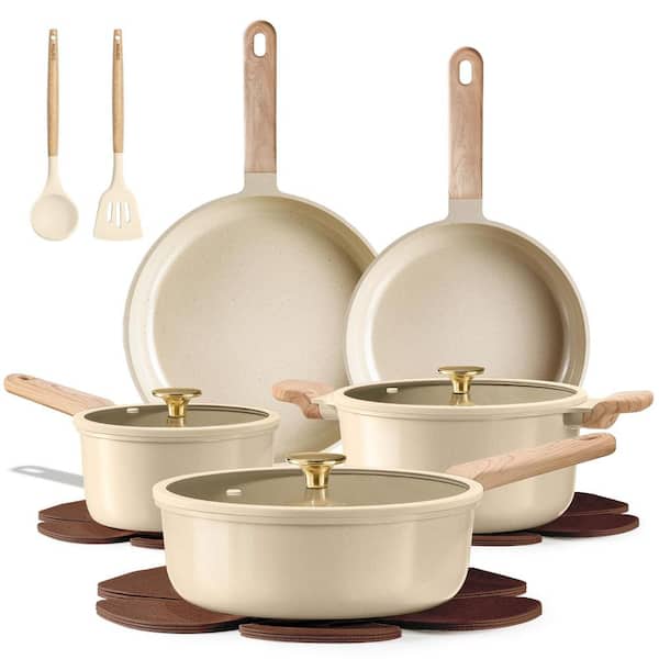 14-Piece Nonstick Aluminum Cookware Set in Brown, Ceramic Coating with Durability of Perfection is Free of PFOA, PFOS