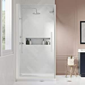 Pasadena 34 in. L x 32 in. W x 75 in. H Corner Shower Kit with Pivot Frameless Shower Door in SN and Shower Pan