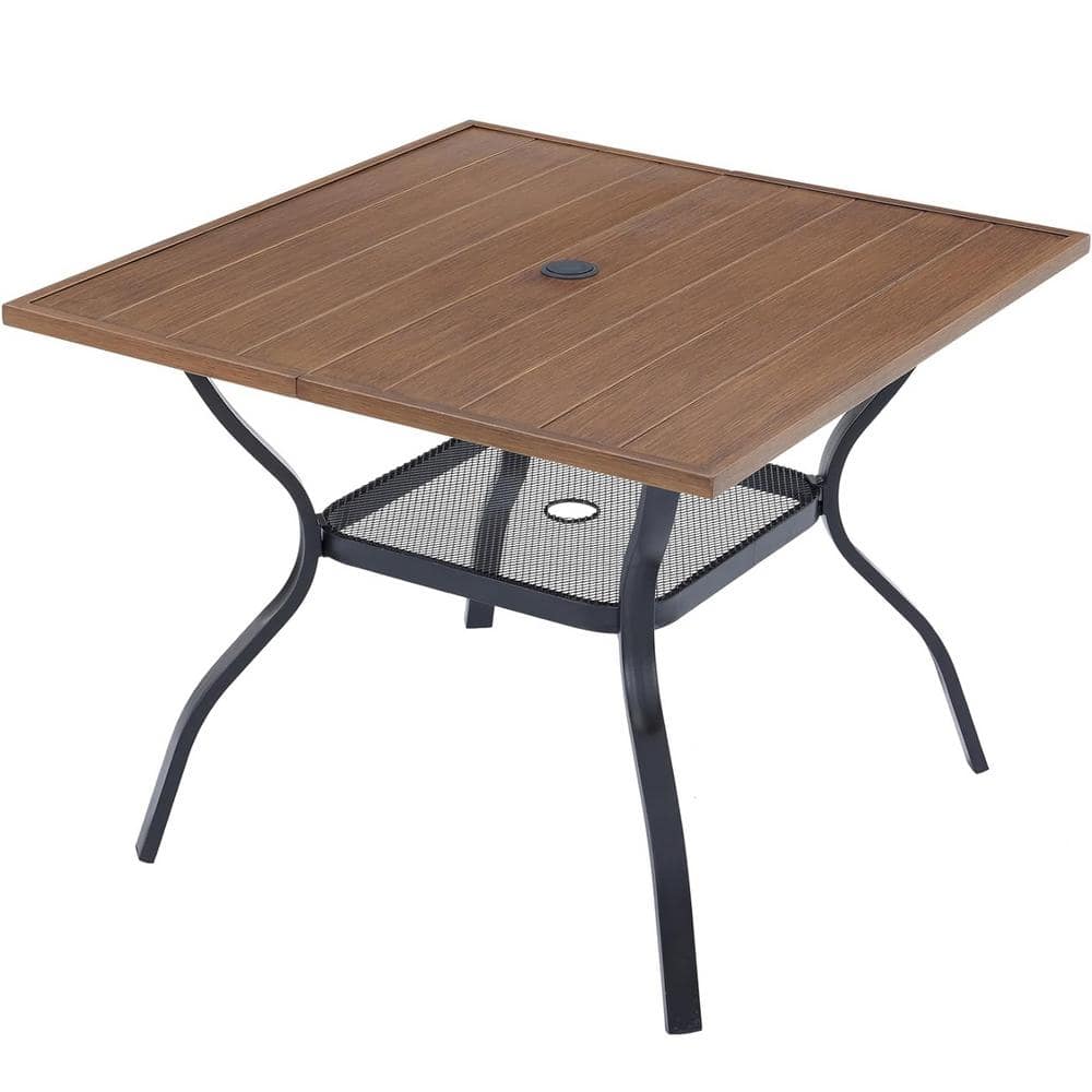 Square Metal Outdoor Dining Table with Umbrella Hole Walnut Wood-like Table