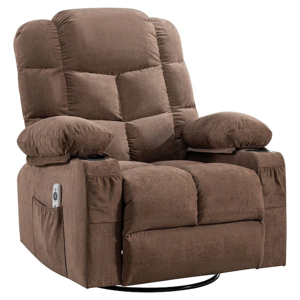 Metal Swivel Outdoor Recliner Chair with Brown Cushion, Side Pocket 2-Cup Holders USB Charge Port, Vibration Massage
