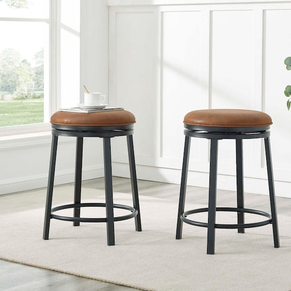 23.5 in. H Brown Swivel Bar Stool with 360° Rotating Fabric Seat, Metal Frame Bar Chair for Kitchen or Cafe, Set of 2