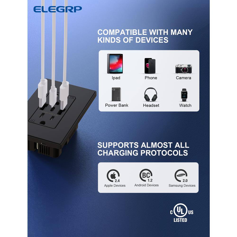 Black Polycarbonate Tamper Resistant Duplex Outlet with USB Ports and Wall Plate