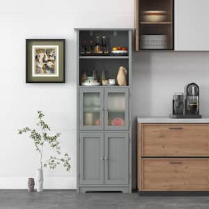 64 1/2 in. H Gray Freestanding Kitchen Hutch Pantry Organizer Storage Cabinet Cupboard with Microwave Oven Countertop