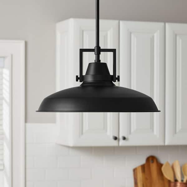 Hampton Bay Wilhelm 16 in. 1-Light Black Industrial Farmhouse Pendant Light Fixture with Metal Shade