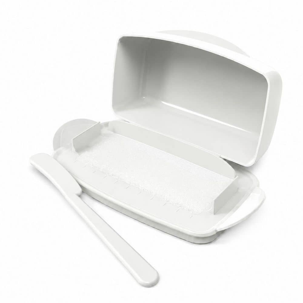 White Plastic Butter Dish with Flip-Top Lid, Spreader and Non-Slip Bottom for Countertop or Refrigerator price history on PriceWatchPro