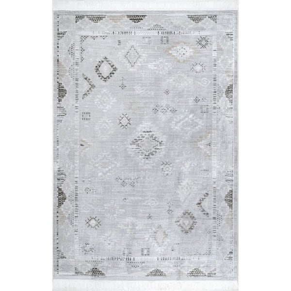 Venice Fringed Silver 5 ft. x 8 ft. Indoor/Outdoor Patio Area Rug