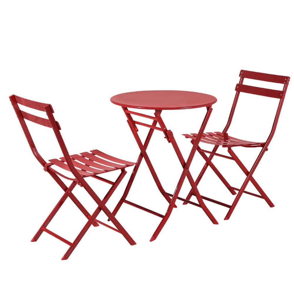 Red 3--Piece Metal Outdoor Patio Bistro Set, Foldable Round Table and Chair