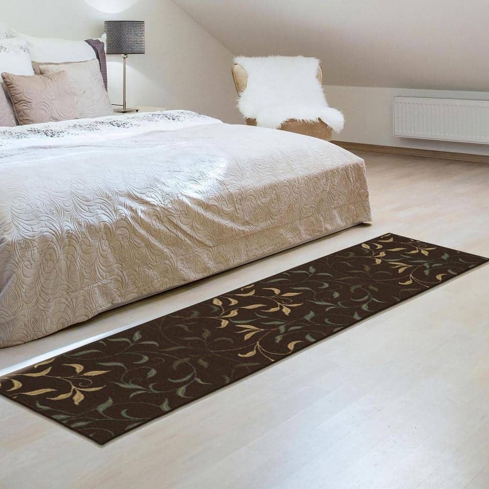 Brown Leaves Design Non-Slip Runner Rug, 2'7" x 9'10"