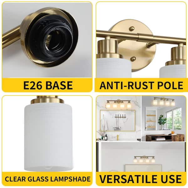 24 in. 4-Light Golden Vanity Lights, Wall Sconces with Frosted Glass Shades, Modern Bathroom Lighting Bulbs Not Included