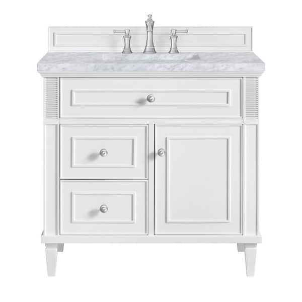 James Martin Vanities Lorelai 36.0 in. W x 23.5 in. D x 34.06 in. H Single Bathroom Vanity in Bright White with Carrara White Marble Top