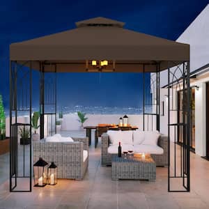 8 ft. x 8 ft. Brown Outdoor Garden Gazebo with Built-in Ceiling Hook, Corner Shelves, and 2-Tier Vented Soft Top Roof