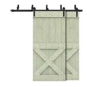 40 in. x 84 in. Mini X-Bypass Sage Green Stained DIY Solid Wood Interior Double Sliding Barn Door with Hardware Kit
