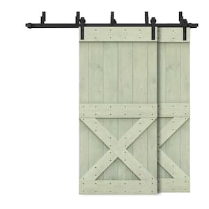 44 in. x 84 in. Mini X-Bypass Sage Green Stained DIY Solid Wood Interior Double Sliding Barn Door with Hardware Kit