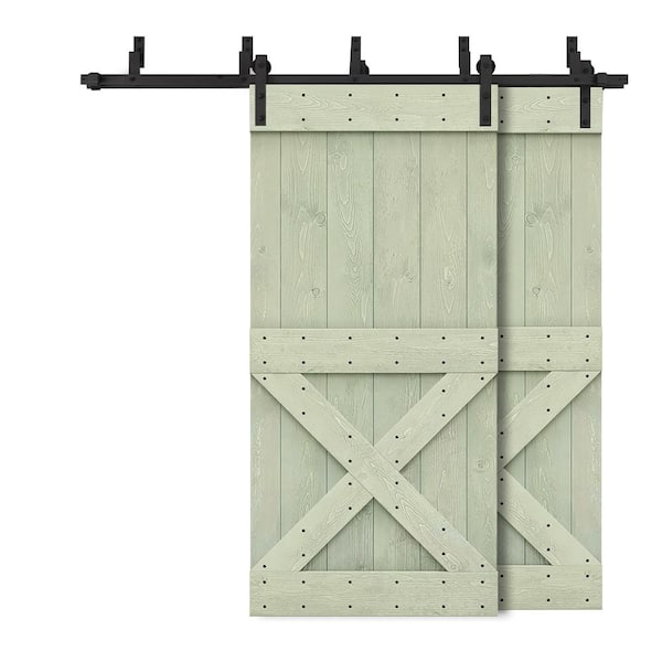 CALHOME 56 in. x 84 in. Mini X-Bypass Sage Green Stained DIY Solid Wood Interior Double Sliding Barn Door with Hardware Kit