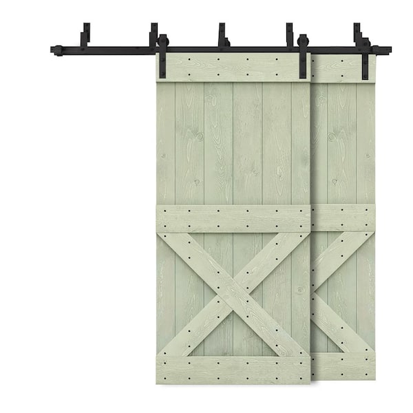 CALHOME 88 in. x 84 in. Mini X-Bypass Sage Green Stained DIY Solid Wood Interior Double Sliding Barn Door with Hardware Kit