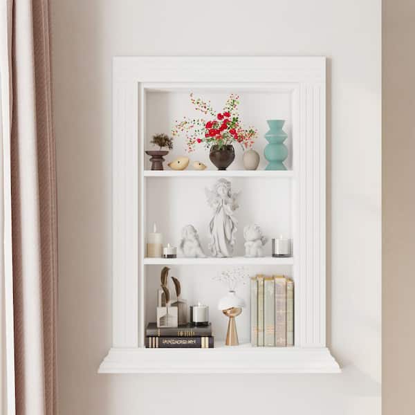 White 27.3 in. H Storage Cabinet Built in Cabinet Wall Niche, 3-Tier Display Shelf, for Place Statues, Shrines, Decor