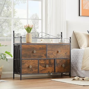 5-Drawer Dresser 11.8 in. W Chest of Drawers Nightstand with Wood Top Rustic Storage Tower Storage Dresser Closet, Brown
