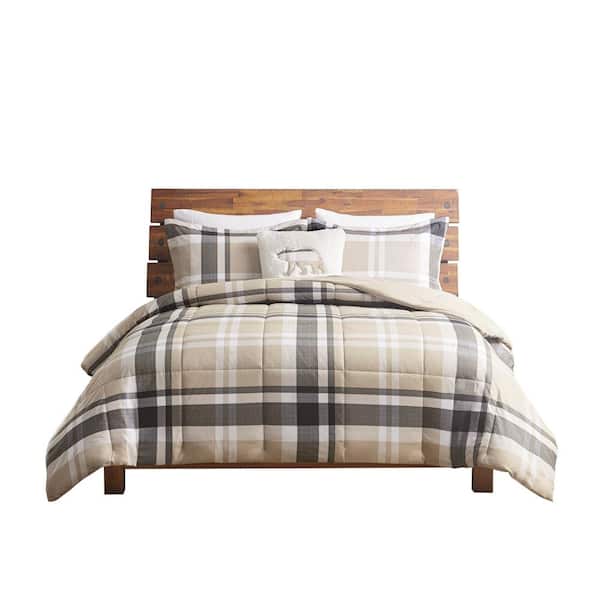 Woolrich Hawkridge 4-Piece Tan Plaid King Polyester Down Alternative Comforter Set with Throw Pillow