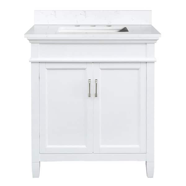 Home Decorators Collection Ashburn 31 in. W x 22 in. D Bath Vanity in White with Cala White Engineered Stone Top