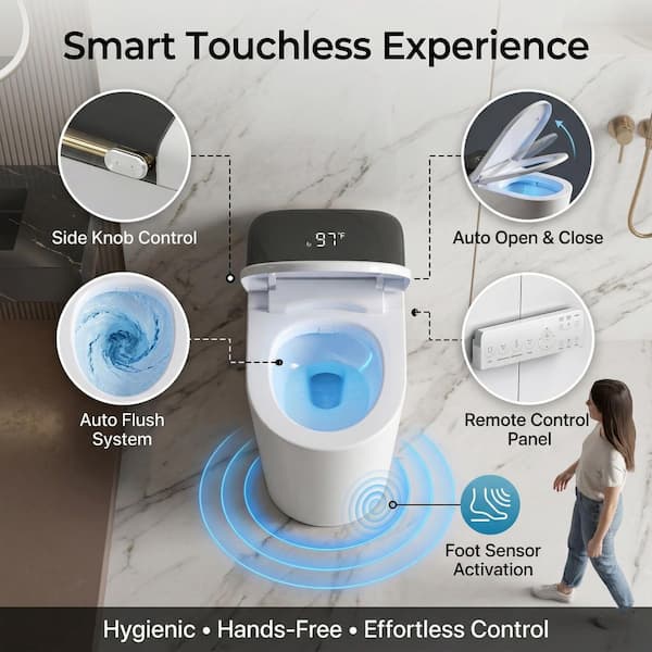Elongated 1.28 GPF Smart Bidet Toilet with Foam Shield, Massage Seat, Auto Open/Close, Front Feminine Wash in White