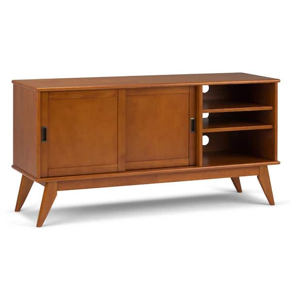 Simpli Home Draper Solid Hardwood 60 in. Wide Mid-Century Modern TV Media Stand in Teak Brown for TVs up to 65 in.