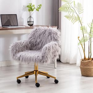 Gray Faux Fur Home Office Chair without Arm with Gold Plating Base, Fluffy Chair for Girls
