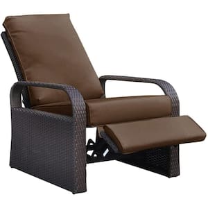 1-Piece Brown Aluminum Outdoor Recliner, Automatic Adjustable Wicker Lounge Recliner Chair with Brown Cushions