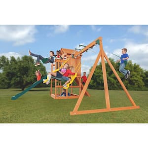 Timber Valley Wood Complete Swing Set with Wood Roof, Glider Swing, Green Playset Accessories and Green Slide
