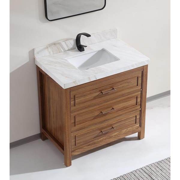 Luxury Ebony Series 36 in. 1 Freestanding Light Brown Finish Bath Vanity with 2 in. White Natural Marble Top Assembled