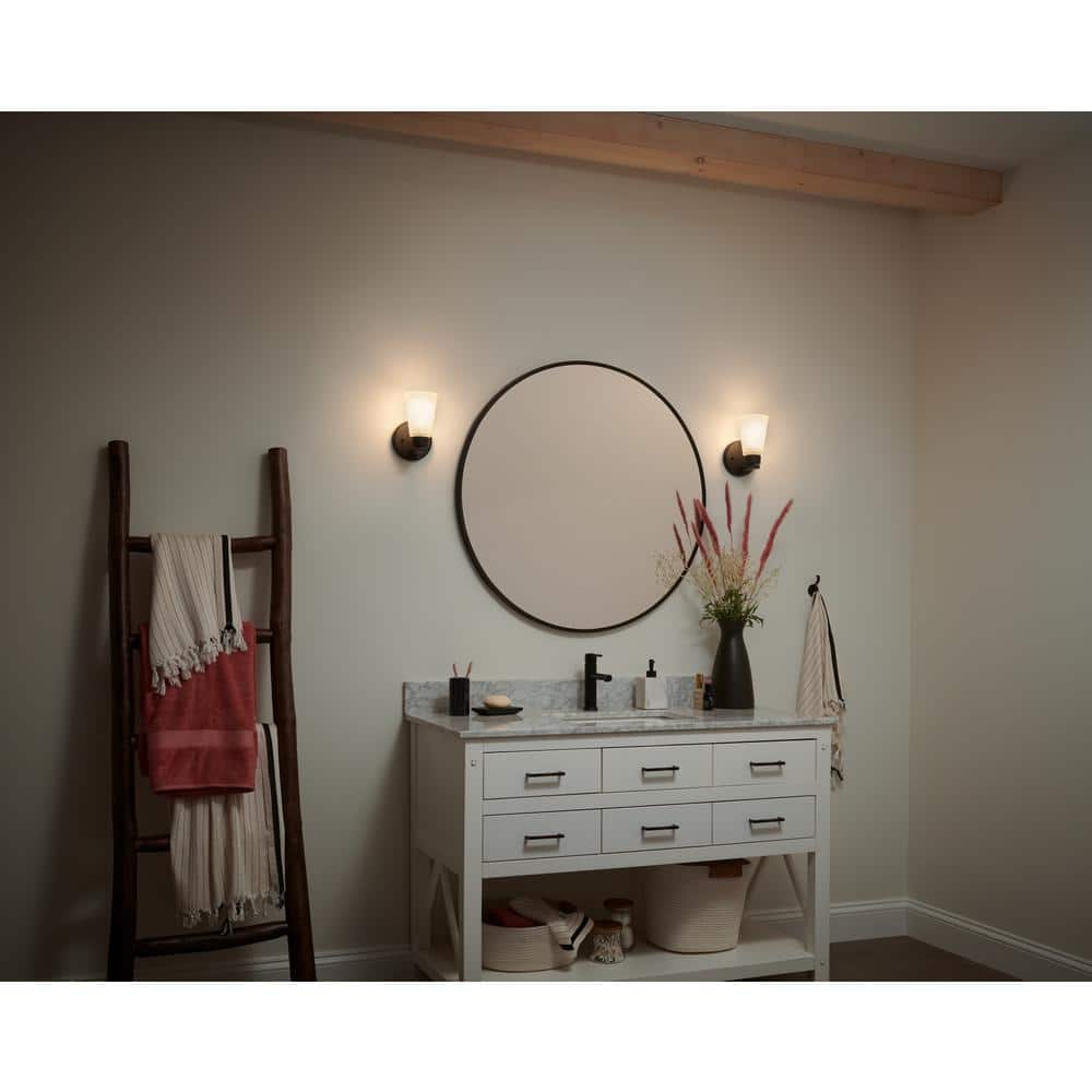 Stamos 1-Light Olde Bronze Bathroom Indoor Wall Sconce Light with Satin Etched Glass Shade price history on PriceWatchPro