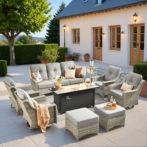 Eureka 9-Piece Wicker Patio Conversation Sofa Swivel Chair Set with Metal Fire Pit Table and Dark Gray Cushions