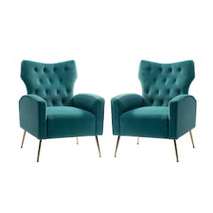 Brion Modern Blue Velvet Button Tufted Comfy Wingback Armchair with Metal Legs (Set of 2)