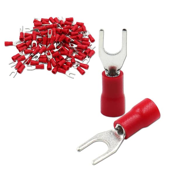 Fork Spade Terminal Connectors Insulated #8 Stud 4.3mm 22-16 AWG Red PVC Crimp Wire Terminals 100-Pack