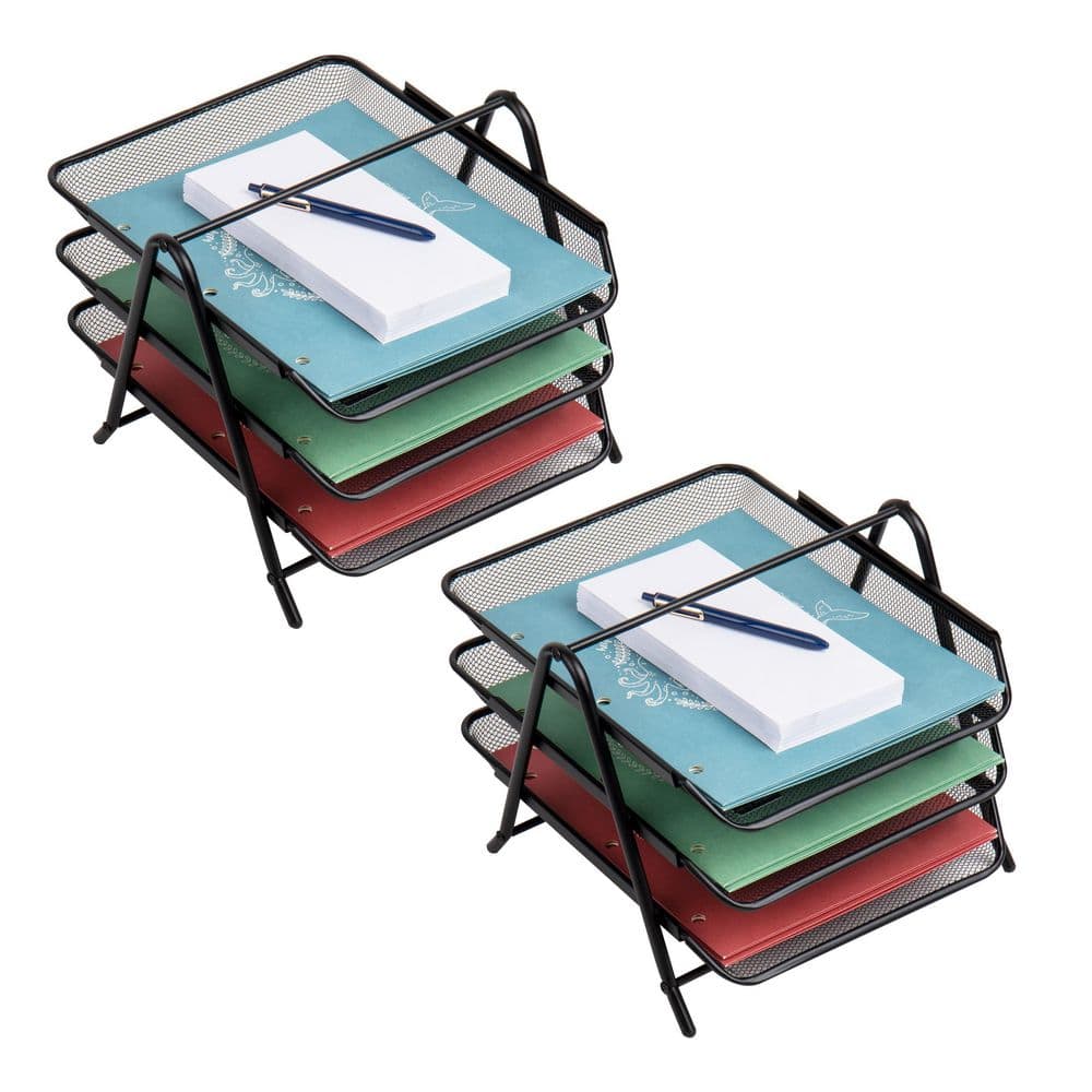 Black Metal Mesh 3-Tier Letter Tray Organizer, Set of 2