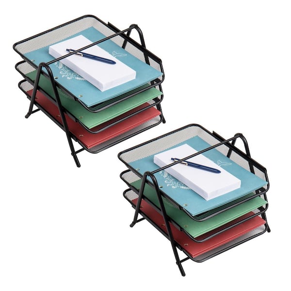 Mind Reader 11.5 in. L x 13.75 in. W x 10 in. H 3-Tier Paper Tray, Desktop Organizer, File Storage, Black (2-Pack)