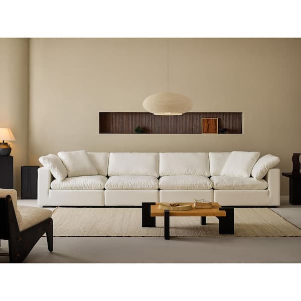 Modern 157 in. Wide Square Arm Linen Fabric Rectangle Sectional Sofa Combination Sofa 4 Seats in Pearl White