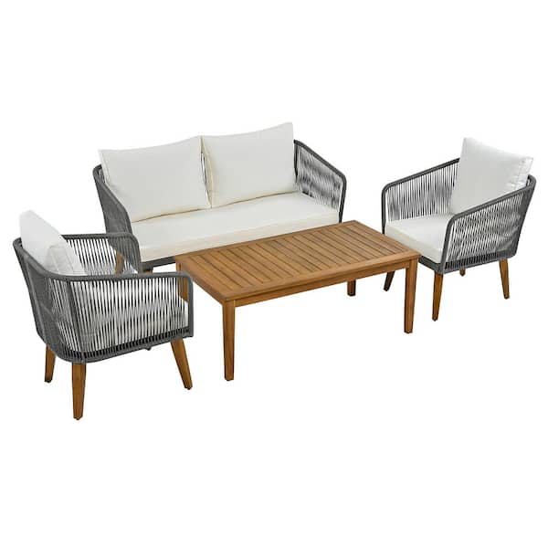 Sudzendf Grey 4-Piece Metal Patio Conversation Set with Beige Cushions for Backyard, Poolside, Garden