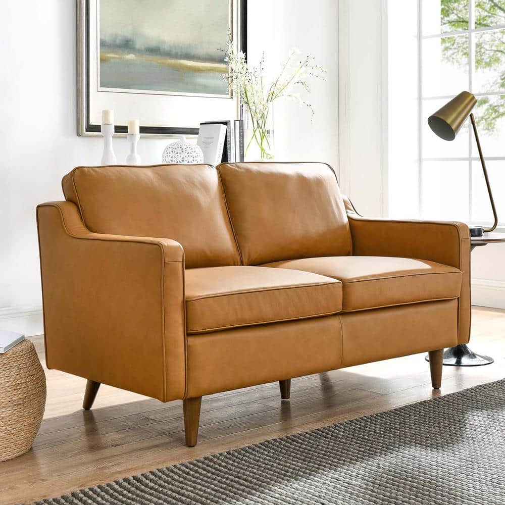 Tan Genuine Leather Split Back Loveseat with Track Arms