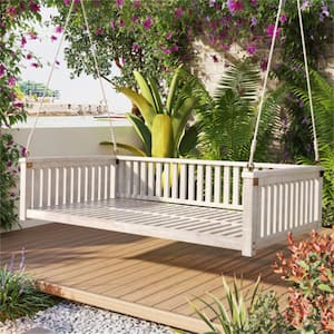 79.1 in. White Patio Minimalist Twin Size Garden Swing Bed Acacia Wood Porch Swing with Ropes