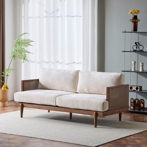 Emir 72 in. Square Arm Polyester Upholstery Rectangle 3-Seater Sofa, Beige and Walnut Cane Rattan Plus Solid Wood Frame