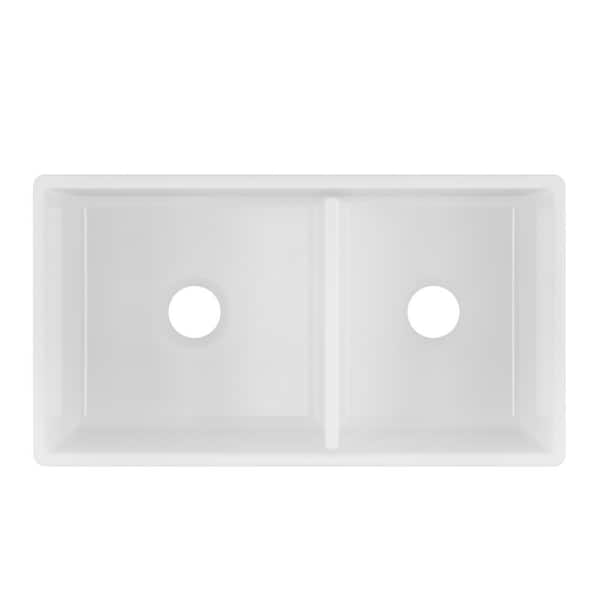 33 in. White Fireclay Farmhouse Apron Front Undermount Double Bowl 60/40 Kitchen Sink