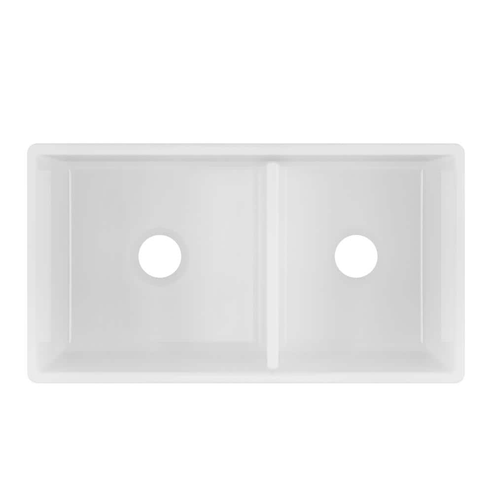 33 in. White Fireclay Farmhouse Apron Front Undermount Double Bowl 60/ ...