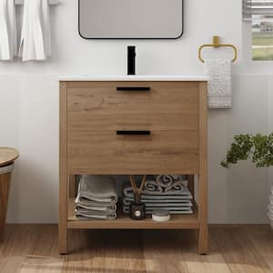 30 in. W x 18.3 in. D x 34 in. H Freestanding Bathroom Vanity Set in Imitative Oak with Integrated White Ceramic Top