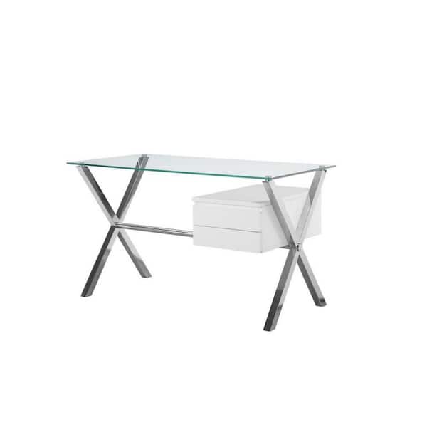 Benjara Tia 51 in. Rectangular White Wood 2-Drawer Writing Desk with Glass Tempered Top