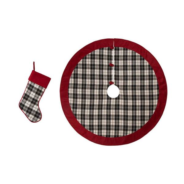 Glitzhome Set of 2 Black and White Plaid Fabric Christmas Decoration (21 in. Stocking and 48 in. Tree Skirt)