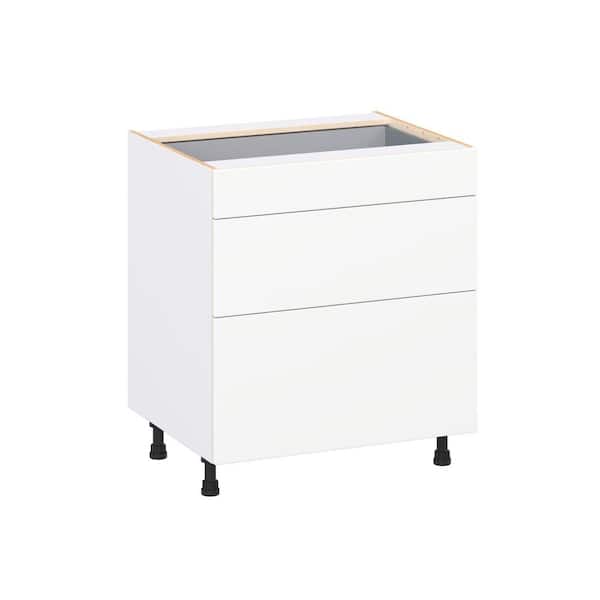 J COLLECTION Timberline 30 in. W x 24 in. D x 34.5 in. H Assembled Slab Drawer Base Kitchen Cabinet in Bright White with 3-Drawers