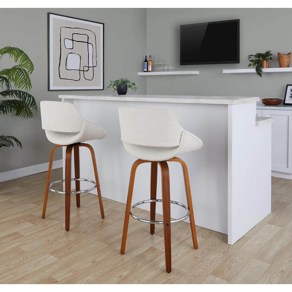 Fabrico 29.5 in. Cream Noise Fabric, Walnut Wood, and Chrome Metal Fixed-Height Bar Stool (Set of 2) price history on PriceWatchPro