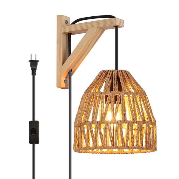 Zompoo Kitchen Island 6.7 in. 1 Light Wood Base Plug in Wall Sconces with Rope Sade, Rustic Adjustable Height Wall Lamp